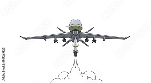 Illustration of a military aircraft taking off with visible landing gear.