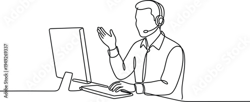 Customer support agent with headset working at computer continuous line art technical assistance service vector illustration