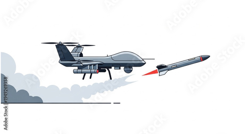 Military Drone Launching Missile in Flight Illustration.
