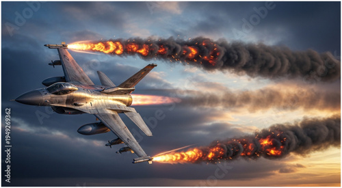 Fighter jet releasing flares in dramatic sky, defense technology.