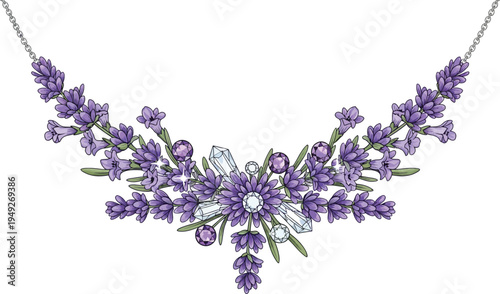 A beautiful floral necklace with purple flowers and clear crystals on a silver chain