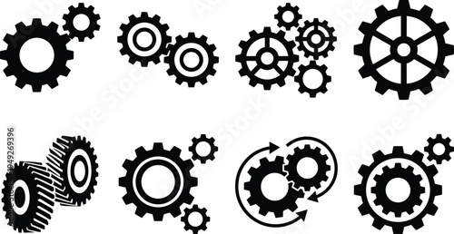 Gear and cogwheel icons set representing engineering mechanics settings and industrial machinery black silhouette vector illustration collection