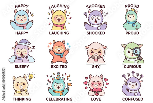"Cute Llama Expression Sticker Set: Happy, Sleepy, Proud"
