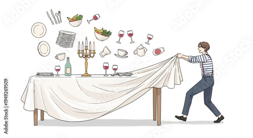 Man pulling tablecloth with floating dinnerware and food