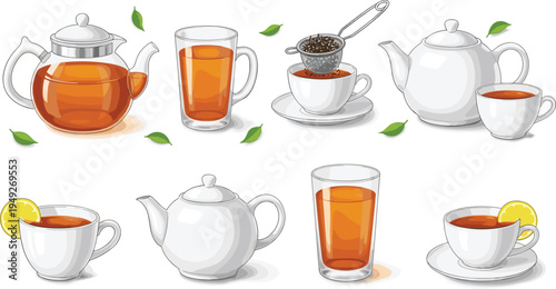 Set of Tea Pots, Tea Cups, and Freshly Brewed Tea with Lemon and Tea Strainer in Vector Style