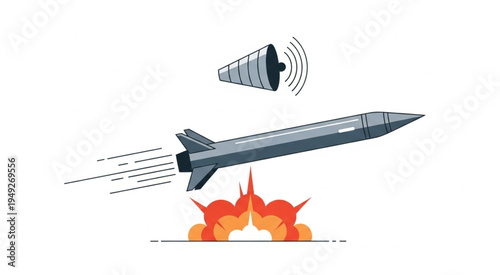 Illustration of a missile launch with sound waves above.