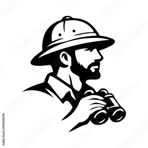 Logo explorador. Icono con cabeza de hombre con sombrero de safari sujetando unos prismáticos, visto de perfil 