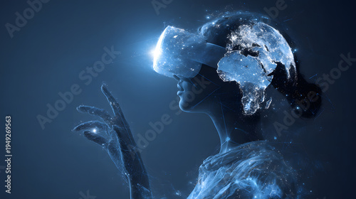 A woman wearing a VR headset, with a digital globe projected inside, embodies the immersive nature of technology, seamlessly blending the physical and virtual realms. 