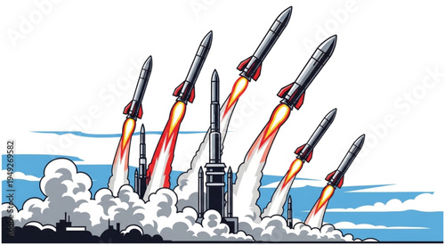 Multiple Rockets Launching into the Sky with Smoke and Fire.