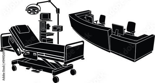 Hospital equipment and medical reception desk silhouette set including patient bed surgical light monitor and clinic front office vector