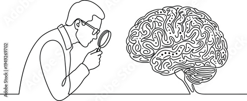 Scientist examining human brain with magnifying glass continuous line art neuroscience research concept vector illustration