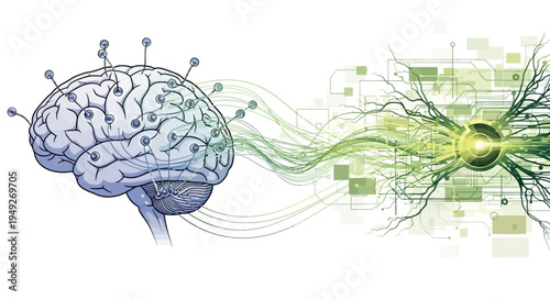 Brain connected to circuit board representing artificial intelligence and human mind