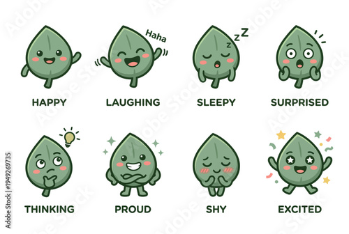 Cute leaf character sticker set, funny daily emotions and social media reactions, kawaii vector mascot illustration for nature and ecology themes.