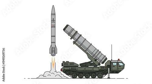 Mobile Ballistic Missile Launcher Illustration with Launching Missile.