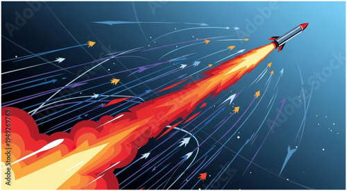 Rocket Launching into Space with Fiery Exhaust and Trajectory Lines.