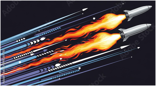 Dynamic Rockets Soaring Through Space with Fiery Trails.