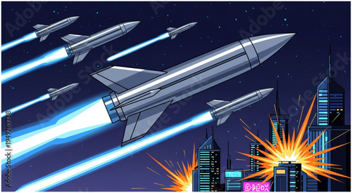 Rockets Launching Towards City Skyline in a Futuristic Attack.