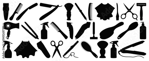 Professional Barber and Hair Salon Tools Silhouette Vector Collection on Transparent Background