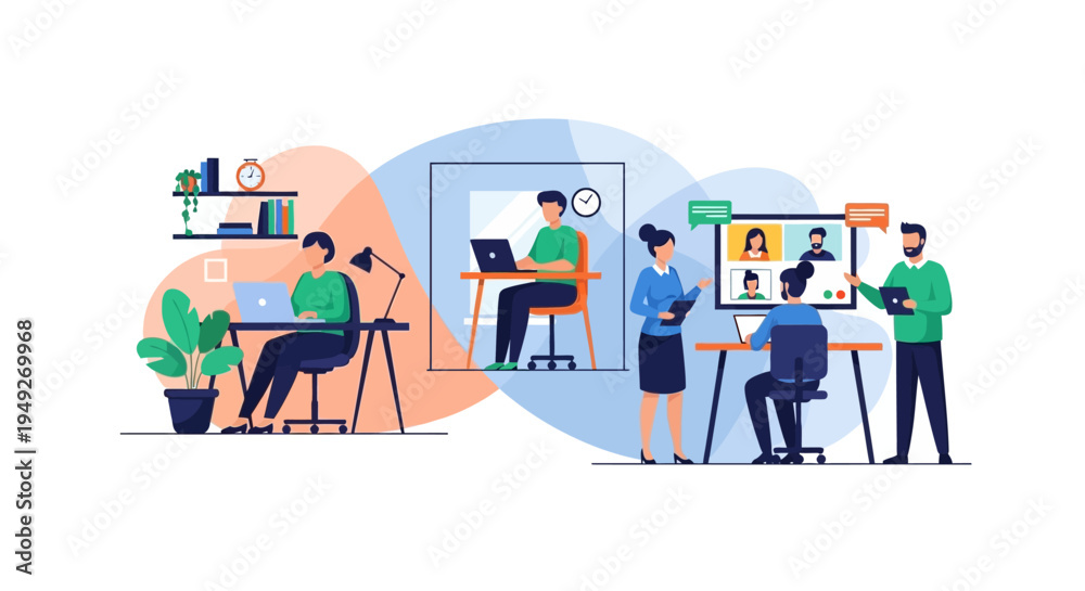 Fototapeta premium Dynamic Workplace: Remote Work, Office Tasks & Virtual Meetings for Hybrid Teams