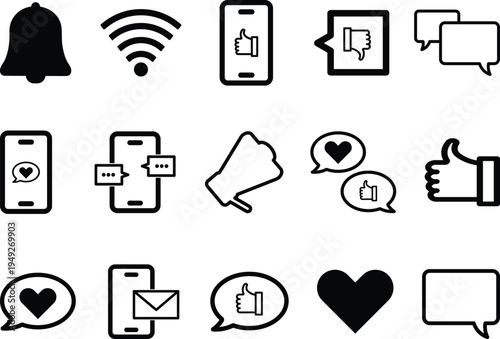 A collection of fifteen black and white social media and communication interface icon set design
