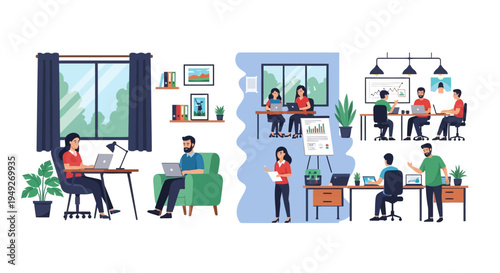 Modern Work Environments: Remote, Hybrid, and Office Collaboration Showcase Productivity and Flexible Teamwork