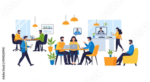 Modern Business Team Collaboration: Diverse Professionals Working in a Dynamic Office Environment, Featuring Hybrid Work, Remote Meetings, and Digital Connectivity