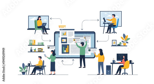 Remote Team Collaboration, Online Project Management & Data Workflow Illustration