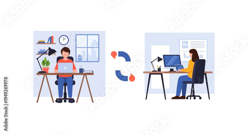 Hybrid Work & Remote Collaboration Concept. Employees Working from Home and Office Connected by Digital Communication and Data Exchange.