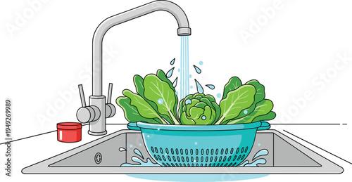Washing Fresh Lettuce and Vegetables in a Colander Under Running Water in a Sink, Vector Illustration