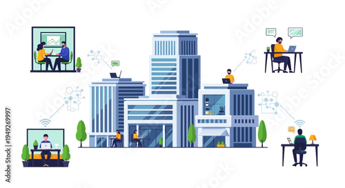 Seamless Hybrid Work Connectivity: Remote Teams Collaborating Globally with Central Office Buildings - Modern Distributed Workplace Network Illustration