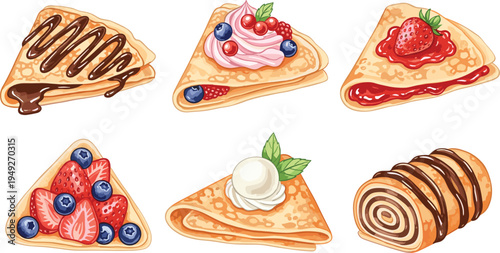 Delicious Crepes with Various Toppings: Chocolate, Berries, Jam, Ice Cream, and Whipped Cream in Vector Style