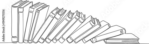 Stack of books falling in domino effect continuous line art education reading knowledge concept vector illustration