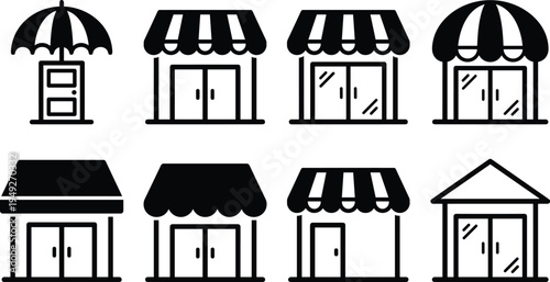 Storefront shop icons collection featuring retail stores awnings doors and windows representing small business market and commercial building symbols