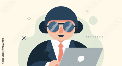 Cartoon character in suit and sunglasses using a laptop