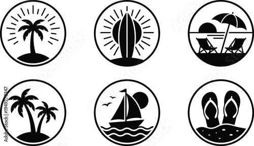 Summer beach vacation icon set with palm trees surfboard sailboat flip flops and sunset symbols minimalist travel silhouette collection