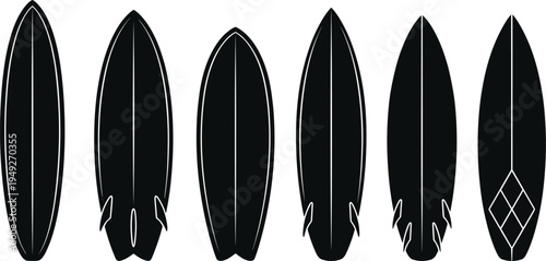 Surfboard silhouette icon set with different surf board shapes, surfing equipment collection minimalist black vector design