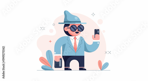 Cartoon character in suit, hat, sunglasses, taking a selfie on phone