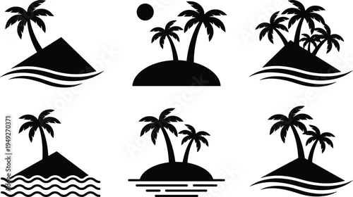 Tropical island icons with palm trees ocean waves and sun silhouettes representing summer beach travel vacation paradise landscape design elements