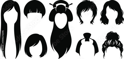 Women hairstyle silhouette collection featuring long short bob bun and traditional styles in black vector design isolated on white background
