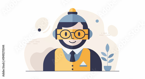 Cartoon character wearing VR headset and a vest, with a plant