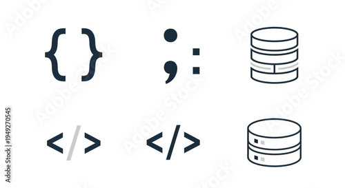Coding symbols and database icons on white background