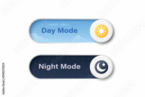 Vector 3d Day Mode and Night Mode Toggle Switch Set. Light and Dark Theme UI Buttons with Sun and Moon Icons. App Interface Control Element for Web and Mobile Design