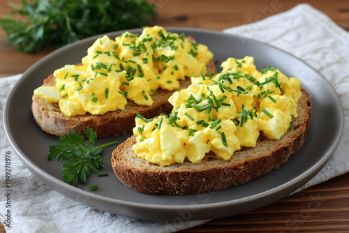 Delicious egg salad sandwiches served on toasted rye bread with fresh chopped chives and a parsley garnish on a dark gray plate, perfect for a healthy breakfast or lunch meal.