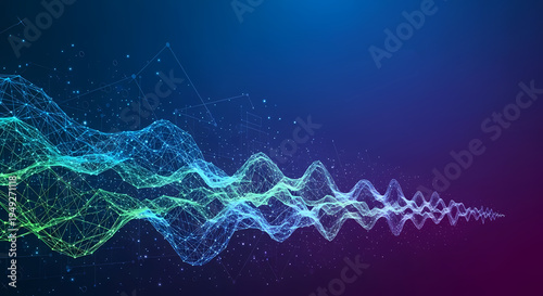 Vibrant digital waves emanate from a futuristic network of glowing lines and nodes in a dark space.