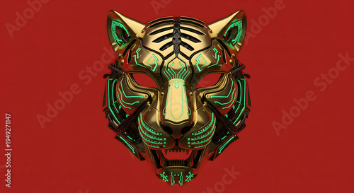 Robotic Golden Tiger Mask with Neon Green Circuits and Futuristic Sci-Fi Design