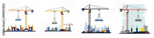 Tower crane lifting building materials high above a construction site, clean flat vector composition on white background.