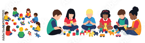Young children stacking colorful building blocks together, playful flat vector scene