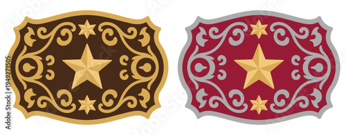 Sheriff star badge rodeo cowboy belt buckle design, wild west cowboy style tag with Texas five point star emblem, stylized decorative frame,