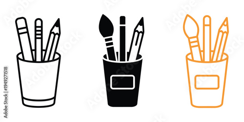 Pen Holder Icon, vector illustration of essential art supplies, desktop stationery symbol