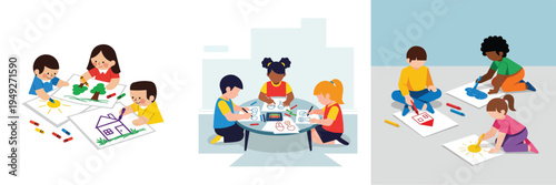 Creative kids drawing pictures with crayons on paper, minimalist flat vector style, simple shapes